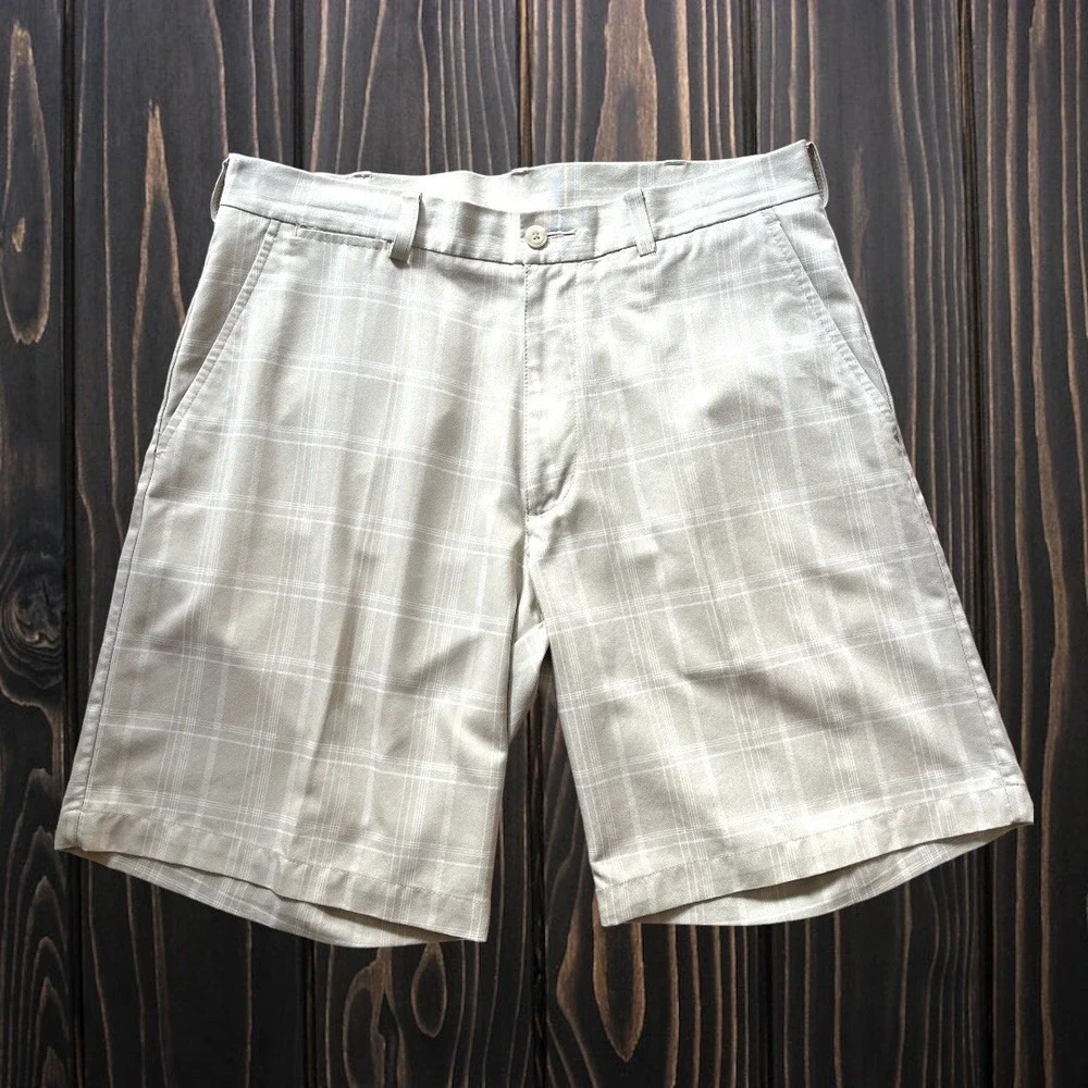 PGA TOUR GOLF SHORTS Plaid White/Beige Sz 32 100% Polyester - Picture 2 of 6